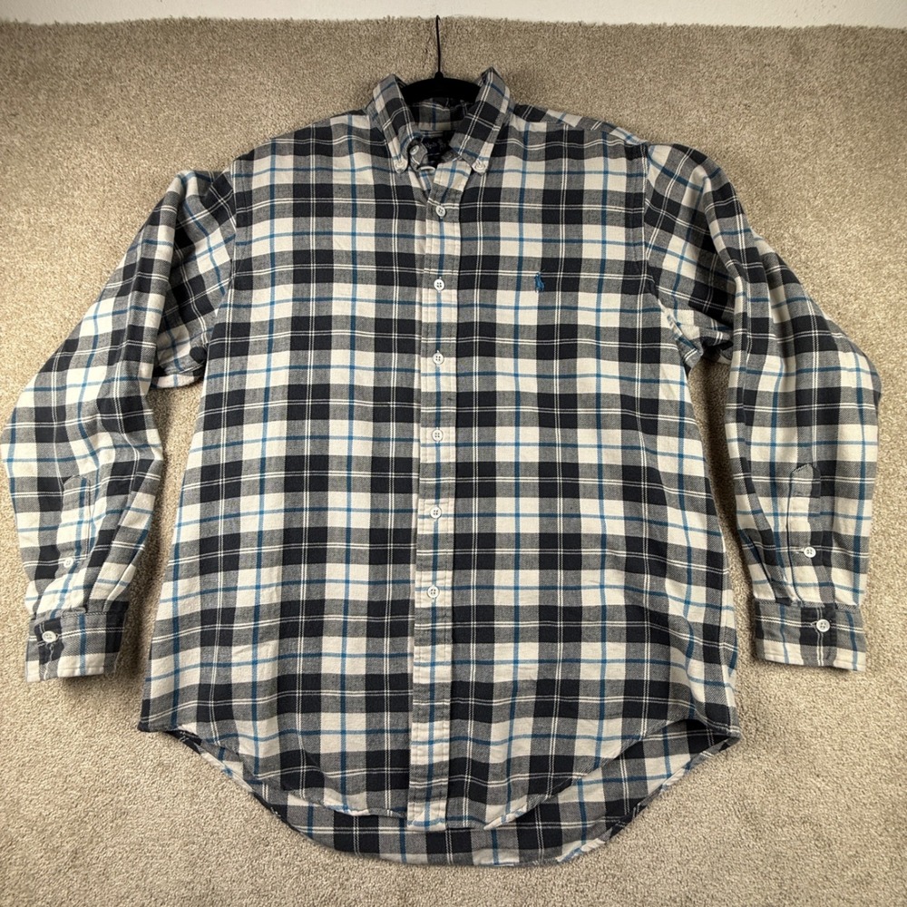 Ralph Lauren Mens Large Flannel Shirt Blue White Plaid Cotton Button Down Logo